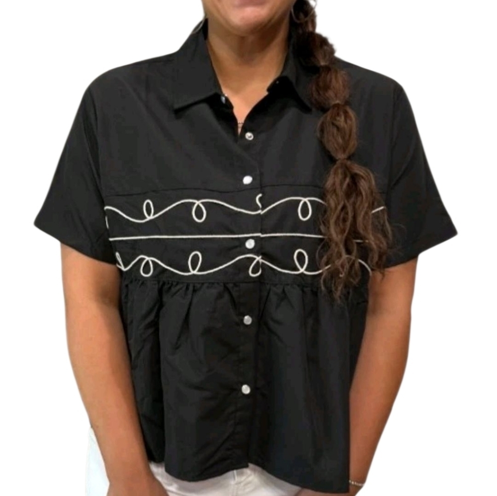 Two 2 Fly Loopty Lou Babydoll Western Top Size 2x - 3x Black White Swirl Cowgirl